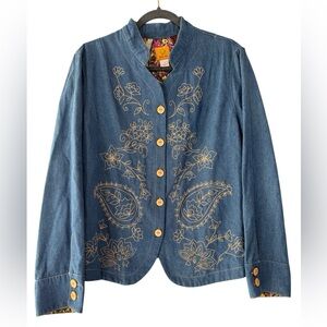Ruby Rd. Embroidered Denim Jacket Paisley Floral Print Lined Collar Size 16